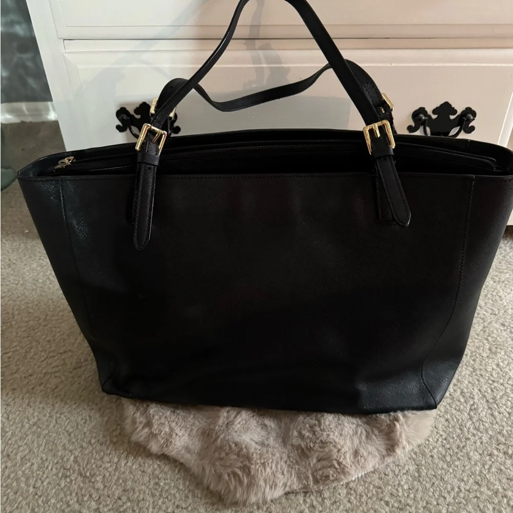 Tory Burch Black Leather Saffiano Tote with Gold Hardware